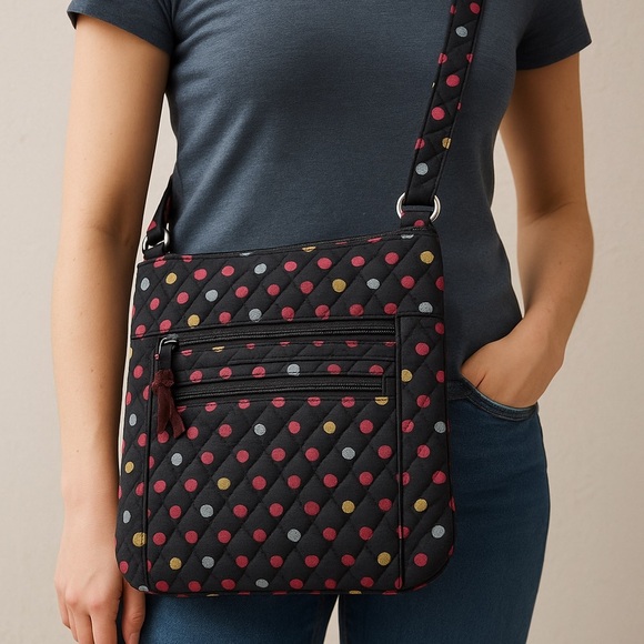 Vera Bradley Quilted Tote Bag Black Multicolor Polka Dots – Like New - Picture 1 of 7
